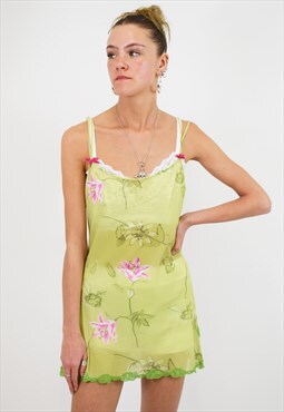 Vintage 2000s Mini Slip Dress in Green Tropical Mesh Pattern