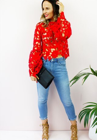 RED LACE BELL FLARE SLEEVE BLOUSE TOP