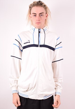DIADORA MENS VINTAGE TRACKSUIT TOP JACKET LARGE WHITE 90S