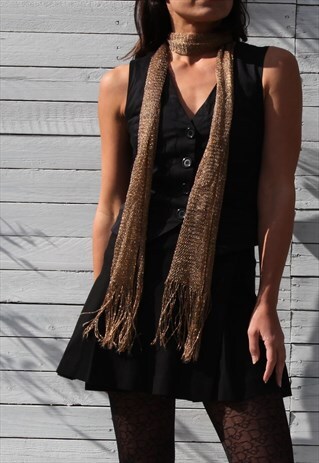 VINTAGE GOLD SHINY SPARKLED LUREX CROCHET KNIT LONG SCARF