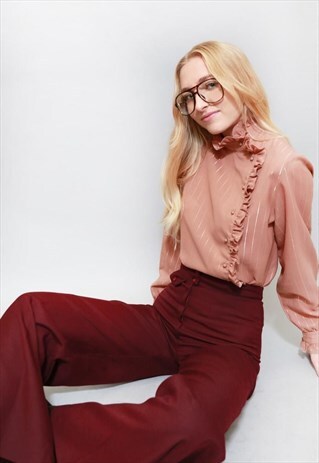 VINTAGE 1970'S PEACHY BROWN GOLD STRIPE RUFFLED BLOUSE
