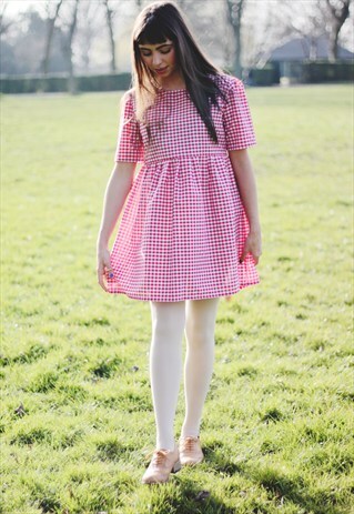 RED GINGHAM SUMMER SMOCK DRESS WITH POCKETS