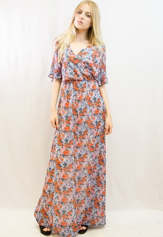 ORANGE FLORAL WRAP CHIFFON MAXI DRESS