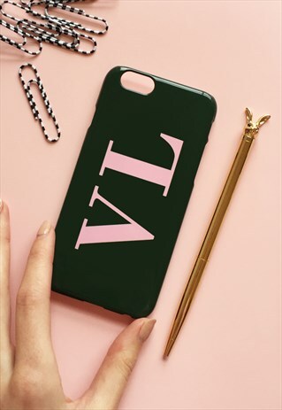 KHAKI GREEN & BABY PINK MONOGRAM PHONE CASE - LARGE INITIALS