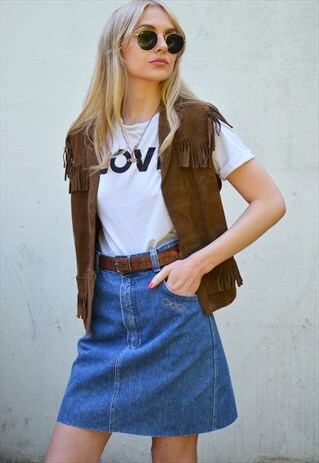 VINTAGE 70S BROWN SUEDE FRINGE / TASSEL FESTIVAL WAISTCOAT