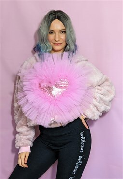 Blush Pink Sweet Heart Cuddly Cropped Fleece Hoodie