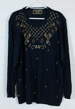 VINTAGE KNITTED JUMPER BLUE WITH FLOWER PATTERN