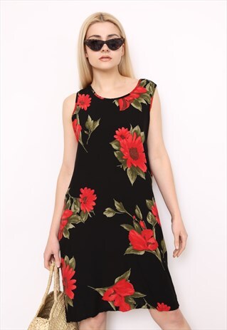 VINTAGE 90S RED BLACK FLORAL PRINT MIDI DRESS