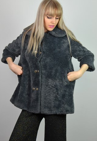 VINTAGE NAVY BLUE FAUX FUR CROPPED JACKET / COAT