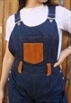 DARK BLUE DENIM DUNGAREE SHORT OVERALLS WITH SUEDE PATCHES