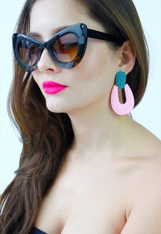 GREEN & PINK HOOP DOOR KNOCKER STATEMENT EARRINGS