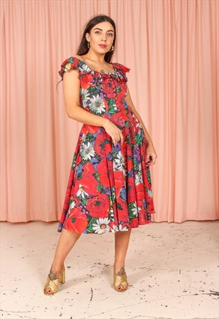 VINTAGE 80S PARTY FLORAL PRINT MIDI DRESS WITH BARDOT