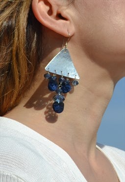 Blue silver glass crystals/velvet/aluminum earrings
