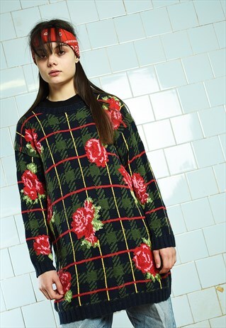 VINTAGE 80S FLORAL TARTAN MULTICOLOR KNIT JUMPER PULLOVER