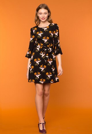 PRINCESS HIGHWAY BLACK HUMMINGBIRD PRINT DRESS