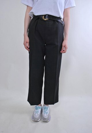 WOMEN VINTAGE WOOL STRAIGHT PANTS, RETRO BLACK WIDE TROUSERS
