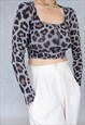 VINTAGE LEOPARD CROP TOP, ANIMAL PRINT BLOUSE, SMALL SIZE