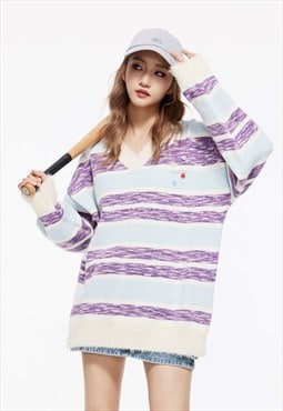 V neck knit sweater striped jumper rainbow pullover purple