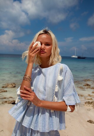 STRIPED SUMMER COTTON BLOUSE WITH SLEEVES AND TASSELS