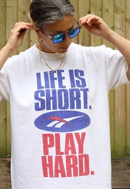 Vintage 1990s Rare Reebok Life is Short t shirt in white