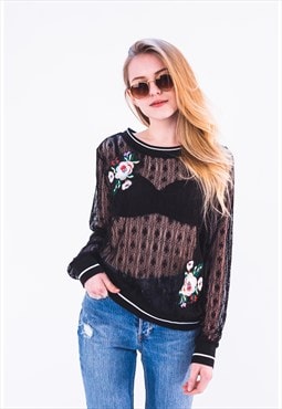 Long Sleeve Lace Top with Rose Floral Patches in Black