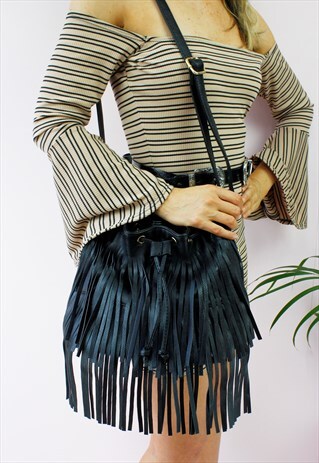 BLACK FRINGE TASSEL CROSS BODY BOHO FESTIVAL BAG