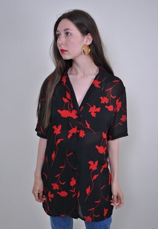 VINTAGE BLACK FLORAL BLOUSE, NATURE PRINT LONG CLOAK