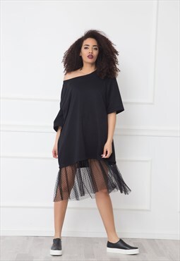 Off shoulder oversized jersey dress with tulle 