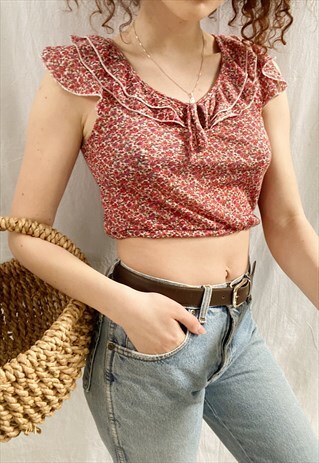 VINTAGE Y2K REWORKED BOHO MILKMAID FLORAL BLOUSE CROP TOP