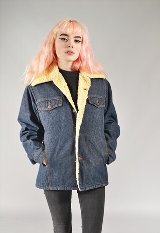 VINTAGE DARK BLUE SHERPA LINED DENIM JACKET