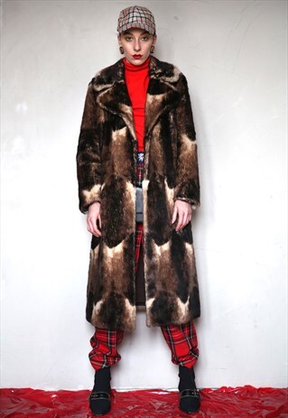VINTAGE LONG BROWN FAUX FUR COAT