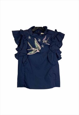 Rebecca Taylor Navy Sateen Embroidered Top