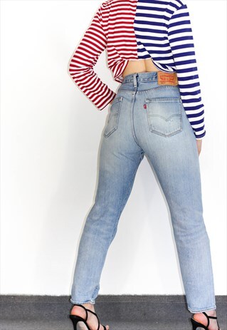 VINTAGE 80'S BLUE DISTRESSED PERFECT WASH MOM JEANS