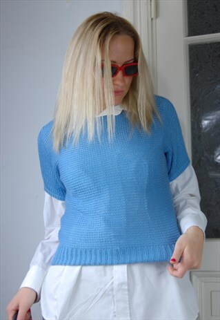 VINTAGE LIGHT PASTEL BLUE KNITTED CROCHET T-SHIRT VEST