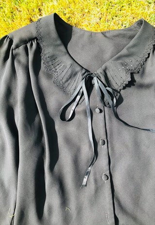 VINTAGE 80'S BOW COLLAR SHEER BLACK BLOUSE