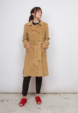 MID-LENGTH CORDUROY TRENCH COAT IN CAMEL