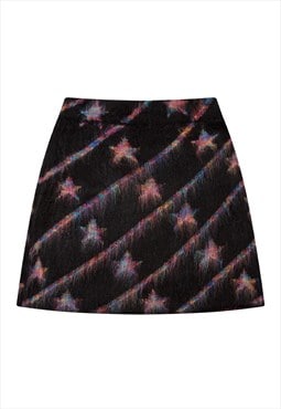 Fluffy knitted midi skirt classy star print bottoms in black
