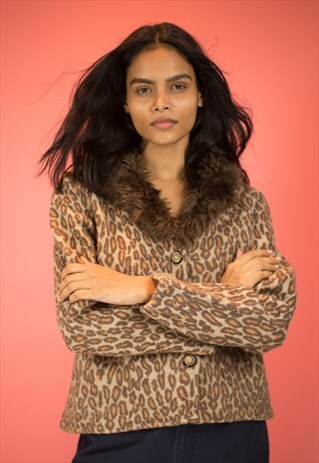 VINTAGE 90S ANIMAL PRINT LEOPARD JACKET FAUX FUR COLLAR