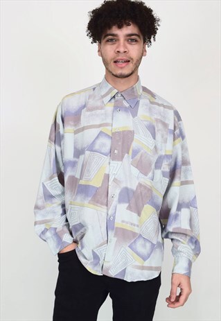VINTAGE 90'S WHITE, PURPLE AND YELLOW PATTERNED SHIRT