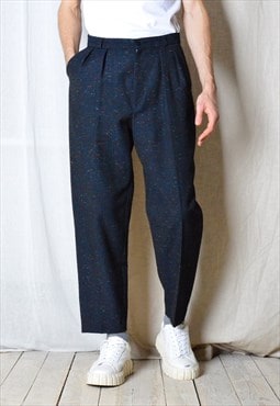 Vintage 70s Navy Blue Speckled Wool Blend Pleated Mens Pants