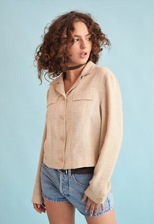 90'S RETRO CLASSIC CUT NEUTRAL LINEN-LIKE JACKET TOP