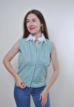 90s vintage sleeveless  blouse blouse with white collar