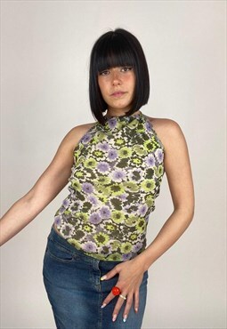 Vintage 00s Flower Mesh Tank Top in purple and green