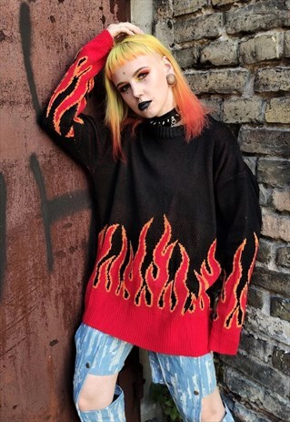 BOX FIT FLAME KNITTED SWEATSHIRT RED FIRE KNITWEAR JUMPER