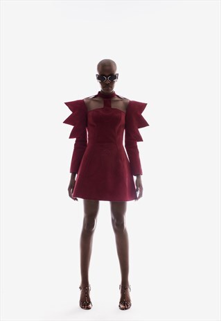 Structured choker mini dress in wine