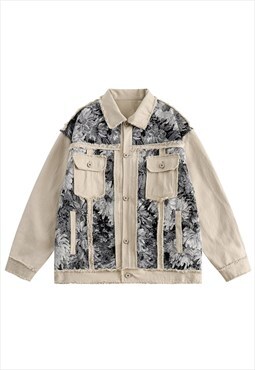 Patchwork denim jacket floral print distressed jean varsity