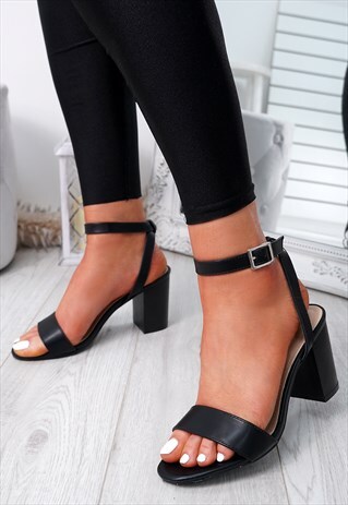 WOMENS PEEP TOE HIGH BLOCK HEEL SANDALS BLACK SHOES