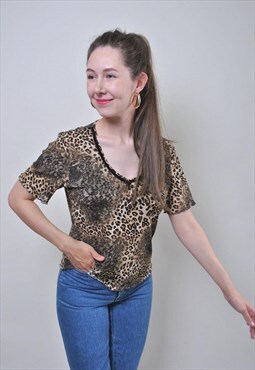 Vintage leopard print blouse, retro pullover shirt