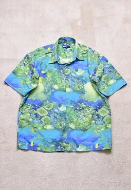 Vintage 00s Blue Fish Ocean Print Funky Shirt 