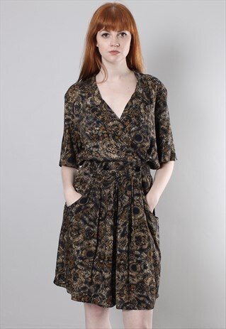 VINTAGE 80S BROWN PATTERNED WRAP CULOTTE PLAYSUIT